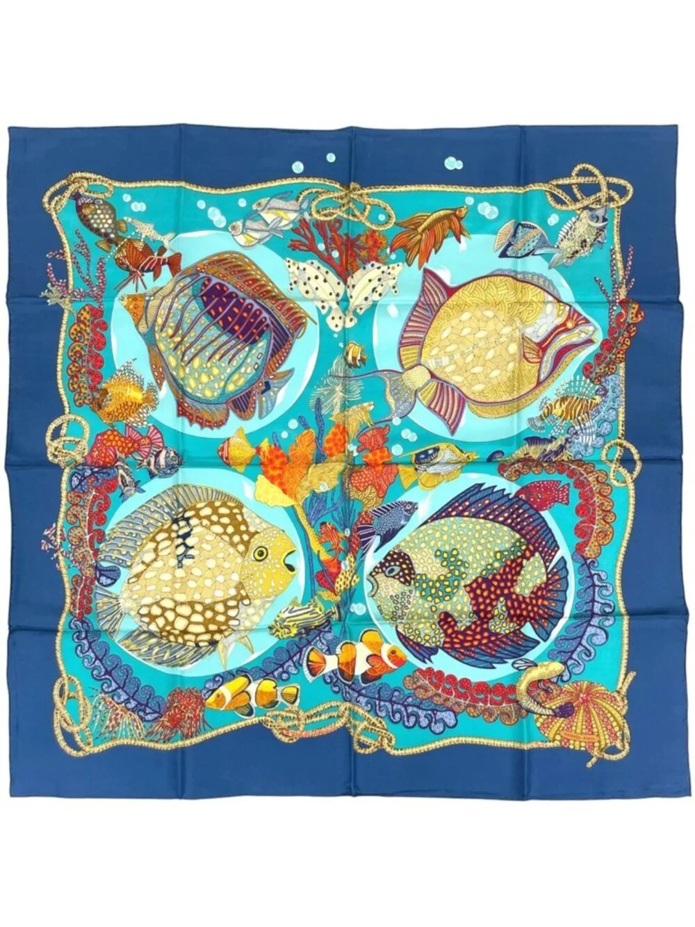 Hermes Carre 90 Grands Fonds Scarf Deep Sea Fish Silk Blue Multicolor